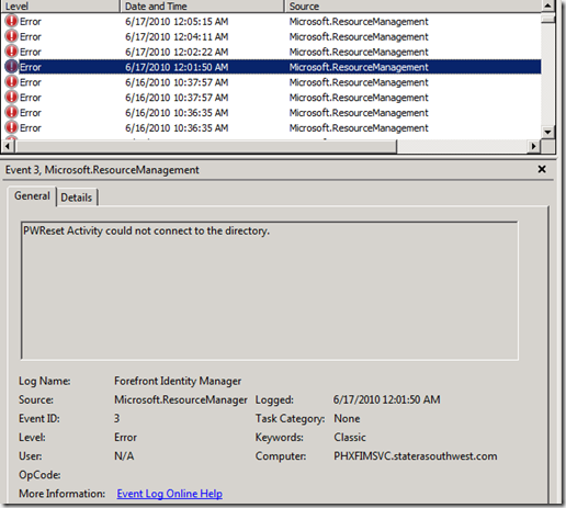 IDA MD: FIM 2010 – Password Reset failing